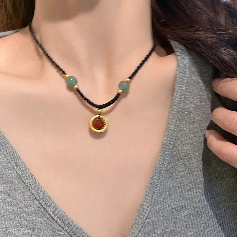 Red agate peace pendant hand-woven rope necklace, a light luxury and niche pendant for women, collarbone chain for summer lovers full figure