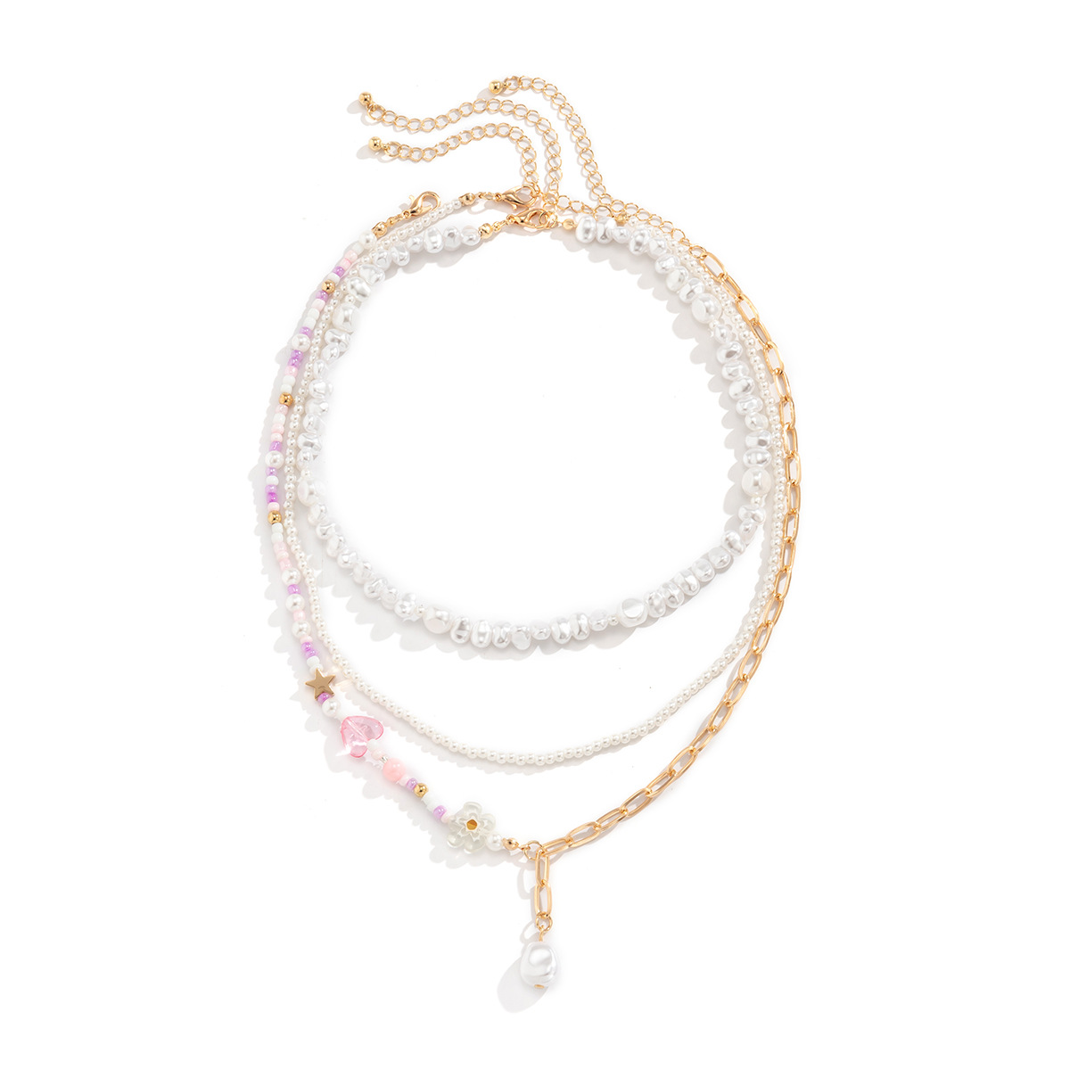 Imitation pearl woven retro versatile flower collarbone chain, European and American niche spliced chain acrylic heart necklace Item Picture