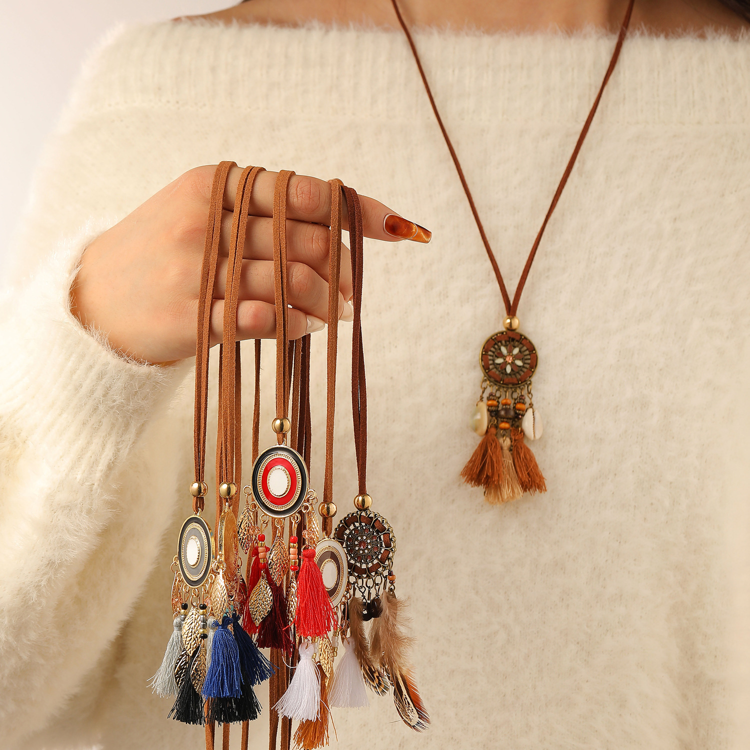 European and American cross-border personalized tassel long earrings, women's Bohemian ethnic style sweater chain necklace, autumn and winter accessories Application Scenario