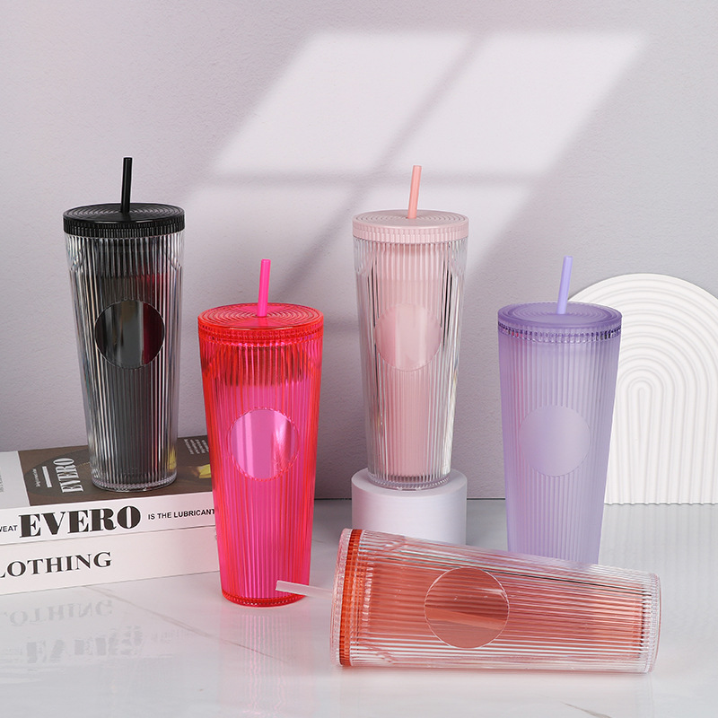 【 Processing and Customization 】 Wholesale of large-capacity double-layer insulated straw cups, vertical pattern straw cups, and white-collar commuting drinking cups details Picture
