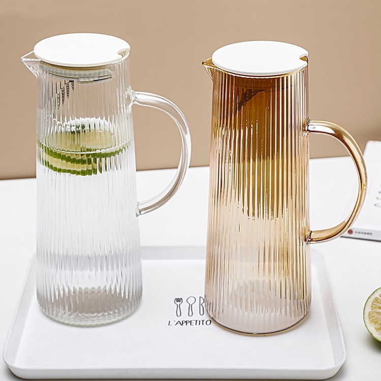 Striped high borosilicate glass cold water bottle set with stainless steel filtering juice bottle, household large-capacity cold water bottle details Picture