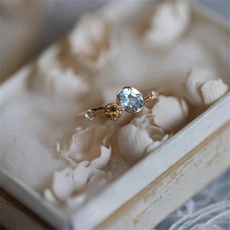 Sea salt, ice lemon water, yellow crystal, sapphire ring, Japanese style, light luxury, high-end, niche design, versatile open ring Item Picture