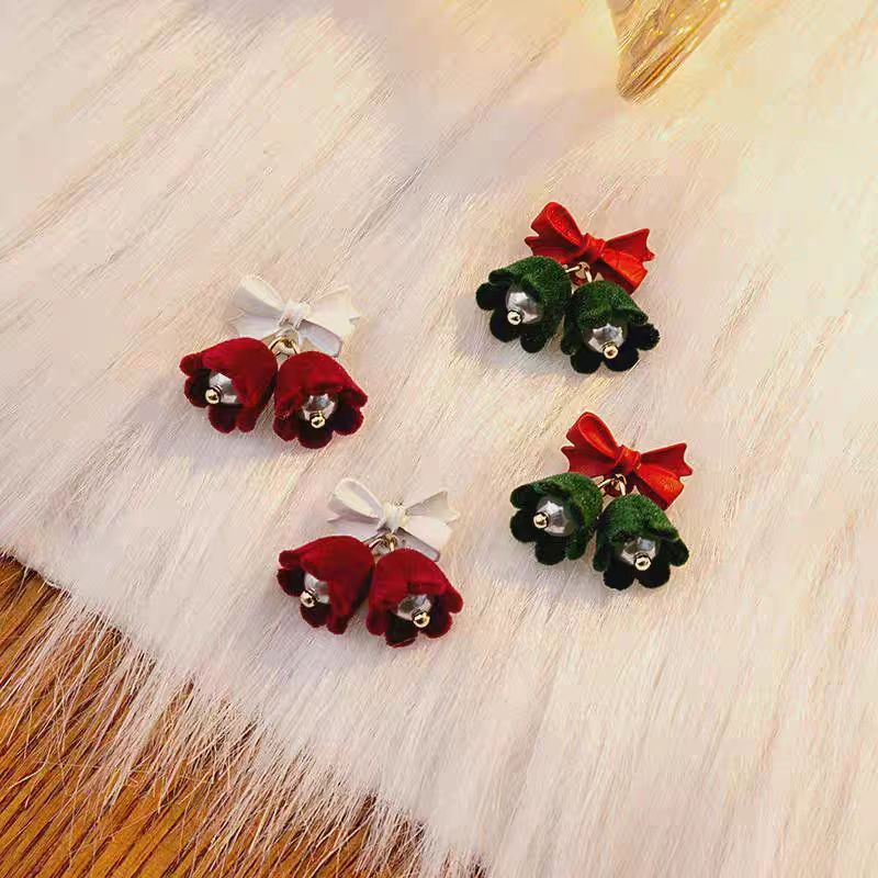 925 Bow Velvet Christmas Bell Pearl Earrings, Korean ins cute and small stud earrings, light luxury style earrings details Picture