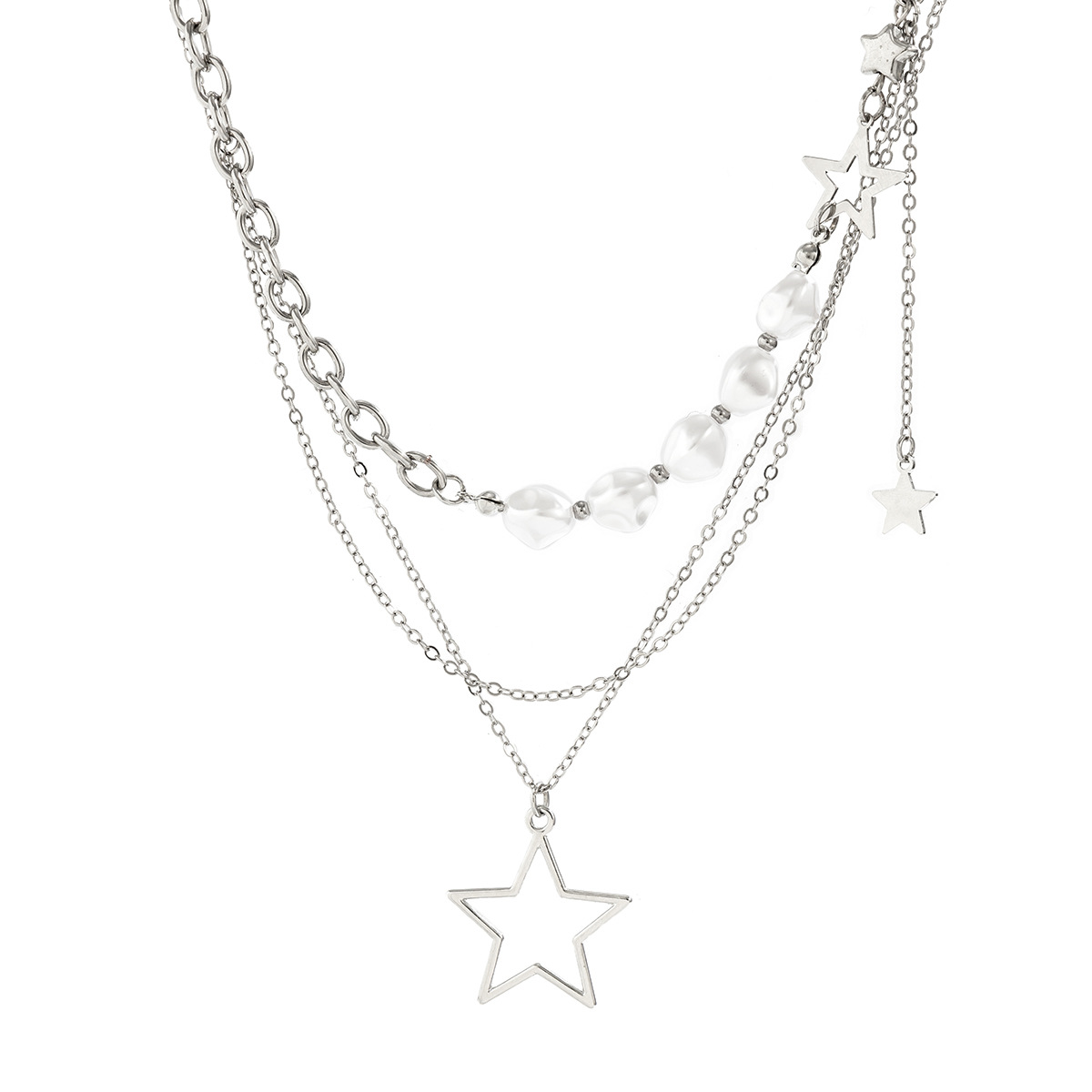 European and American cross-border jewelry cold style hollowed-out five-pointed star-shaped pendant three-layer layered necklace necklace Item Picture