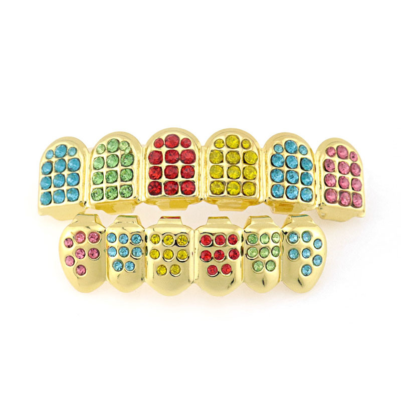 European and American style 18K gold-plated colored diamond set hip-hop braces, vampire hip-hop braces, Grills Halloween details Picture