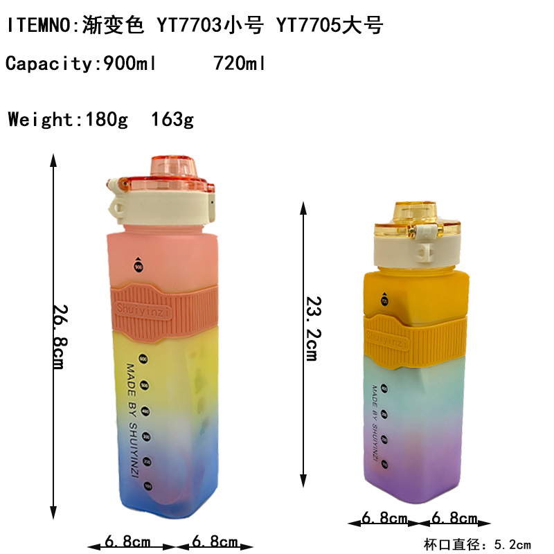 Wholesale of three-color rainbow gradient square sports straw plastic water cup, portable lifting rope, bouncing cap, graduated water bottle Application Scenario