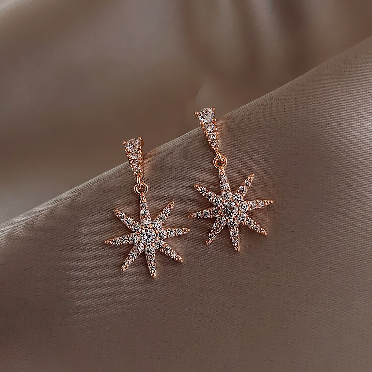 Korean-style diamond-encrusted snowflake pendant earrings for women, a light luxury high-end design, a niche Instagram exquisite and versatile fashionable ear accessory details Picture
