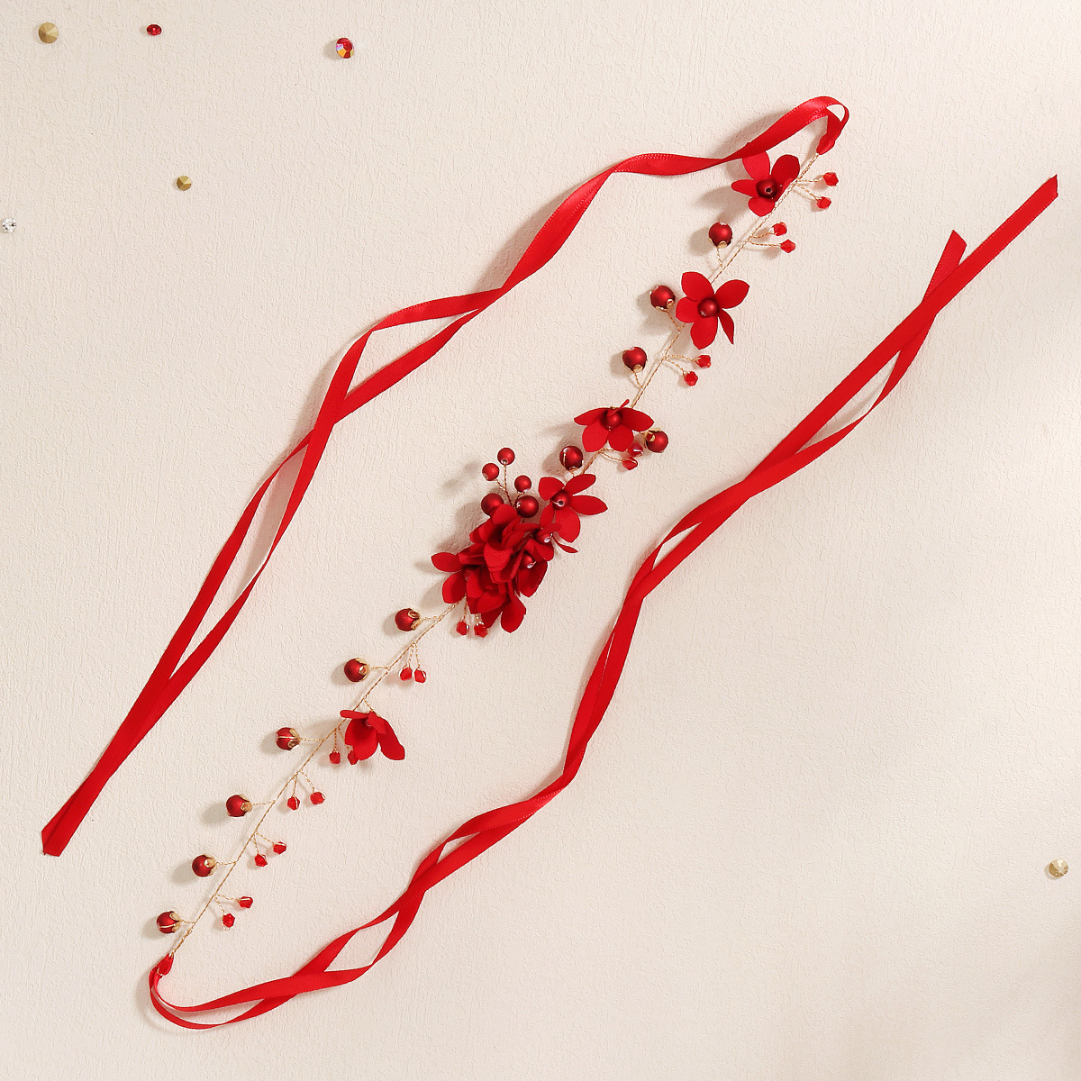 Chinese-style beaded headband, handcrafted updo and braid, red flower headpiece, toasting dress, crop dress, bride's headband Specification drawing