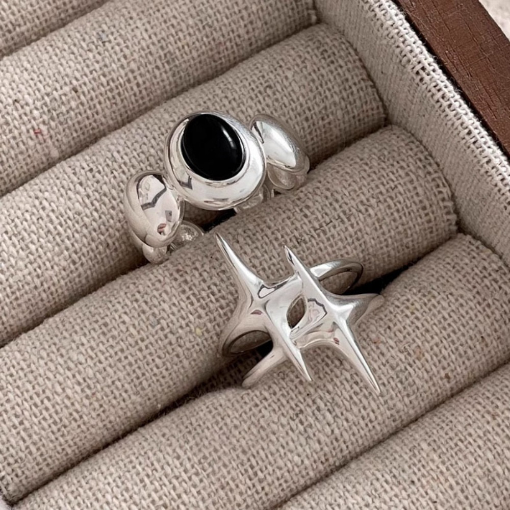 925 sterling silver ring for women, black agate simple double-pointed star ring, ins fashionable, versatile and high-end index finger ring Item Picture