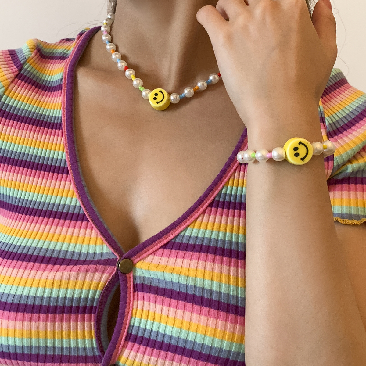 Simple imitation pearl smile round bead set necklace, colorful rice beads acrylic necklace, European and American cross-border jewelry full figure