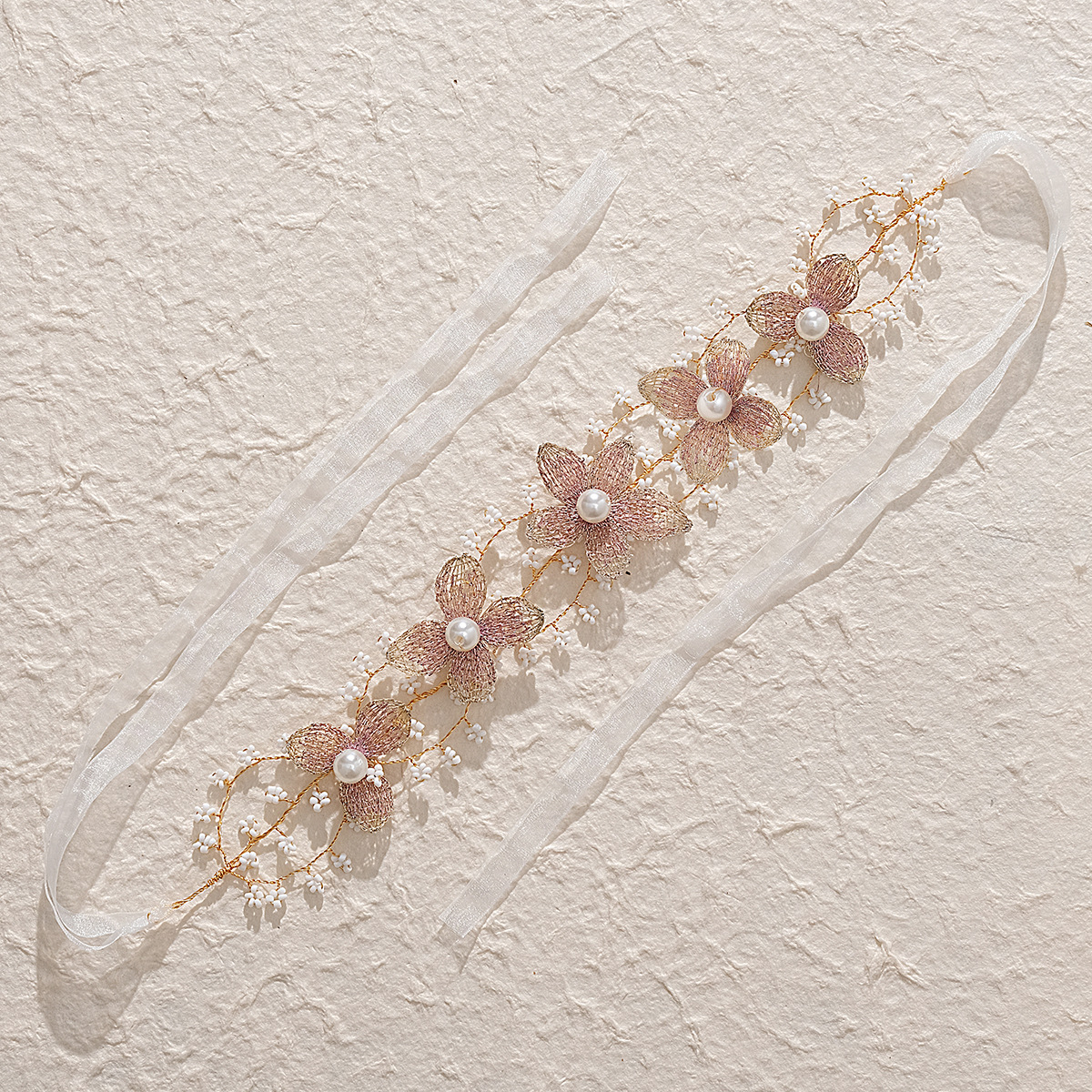 Bride's hair accessories: Millet bead beaded hair accessories, forest-style hand-woven flower braided headband, retro pearl headband Specification drawing