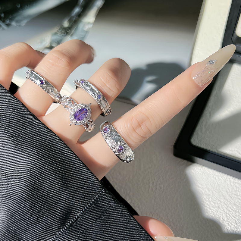A sweet and cool purple diamond brushed retro and simple adjustable ring for women, with a cold and elegant style and a high-end feel details Picture