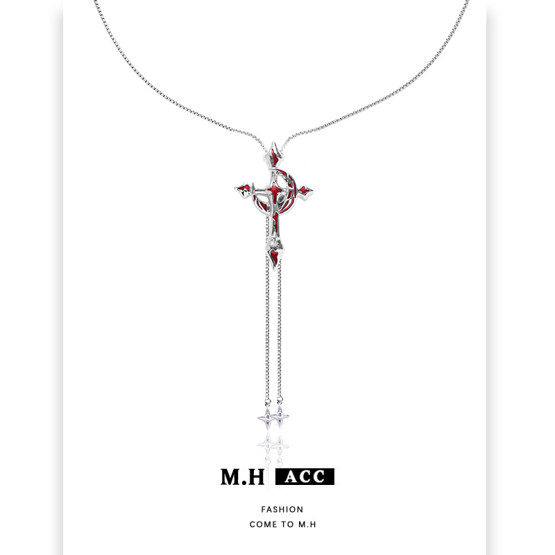 Original Blood Moon Cross necklace women's pull-out hoodie chain, sweet, cool, niche, unique and individual design sense collarbone chain full figure