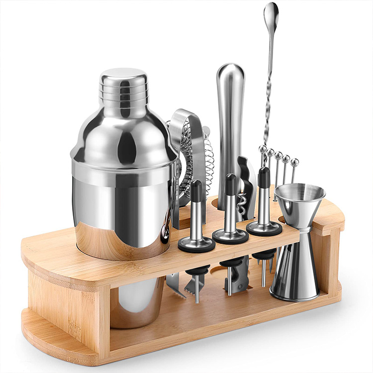 Wholesale stainless steel three-section cocktail shaker set 700ml shaker set with bamboo and wood frame base Item Picture