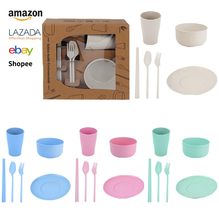 Cross-border Amazon wheat bowl, cup and plate portable tableware, paper box packaging, knife, fork, spoon, salad plate set, gift set full figure