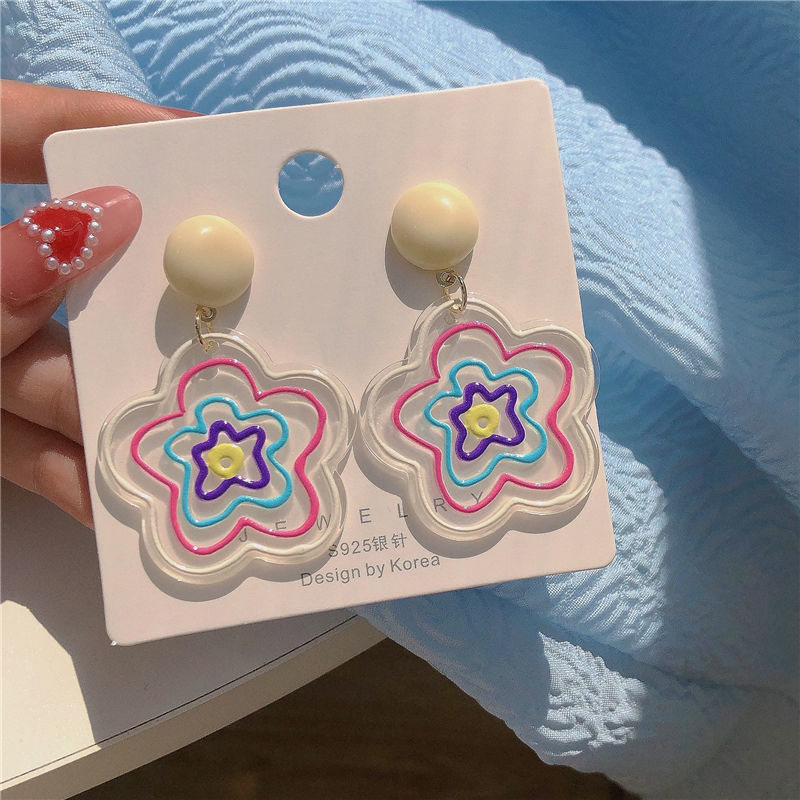 Colorful transparent flower stud earrings ~ins niche design sense spring and summer earrings, versatile color-blocking earrings for women, a trend of Internet celebrities Specification drawing