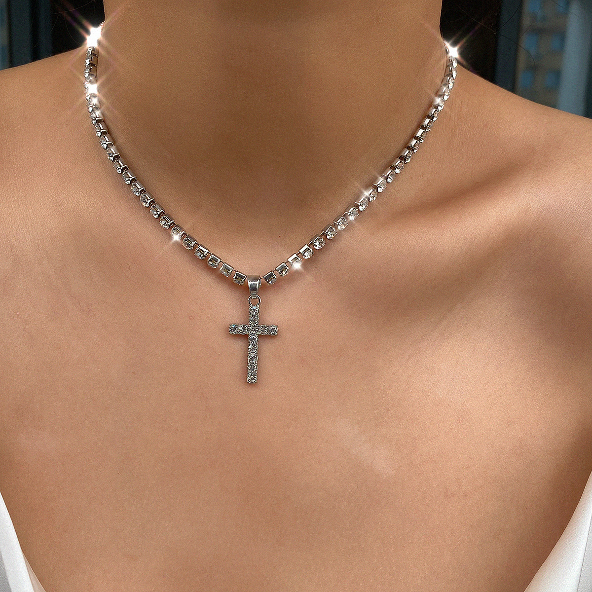 European and American cross-border jewelry, personalized and creative, simple style necklace, short collarbone necklace with full diamonds and crosses, for women details Picture