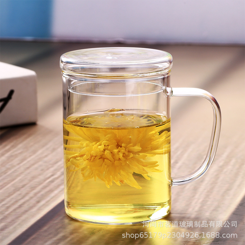 Customized high borosilicate transparent glass water cup, tea cup with lid and handle, office coffee cup with lid, simple tea brewing cup full figure