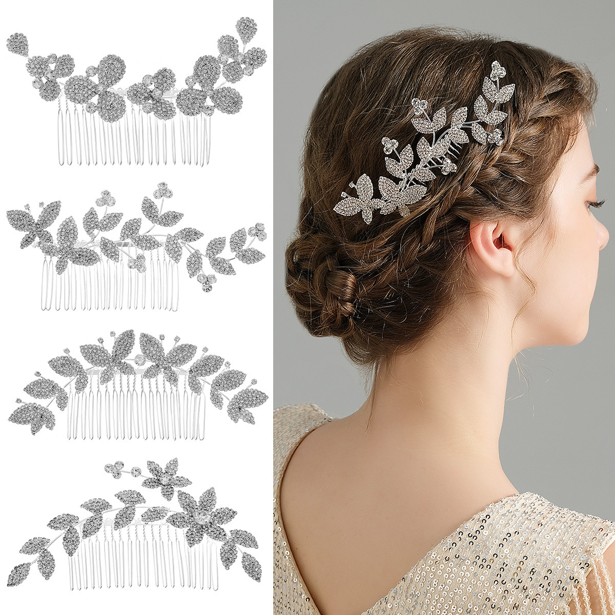 Korean version bridal hair accessory, floral butterfly comb, wedding dress, evening gown, updo headwear, versatile for daily use, alloy water diamond comb full figure