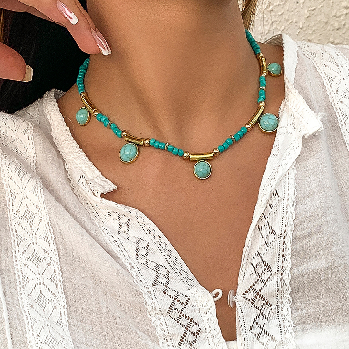 European and American cross-border jewelry, retro patchwork turquoise geometric tassel hanging ball necklace, pastoral mixed and matched round bead chain necklace full figure