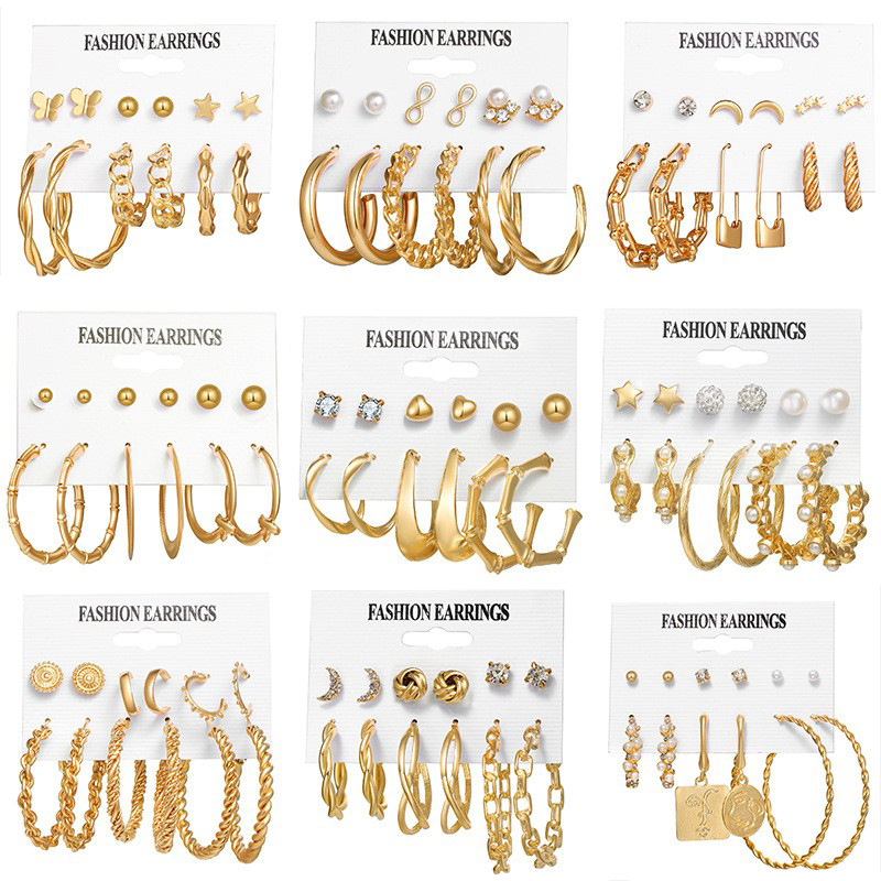 A 6-piece set of metal circle chain stud earrings, creative and personalized cross-border heart-shaped pins, butterfly stud earrings full figure