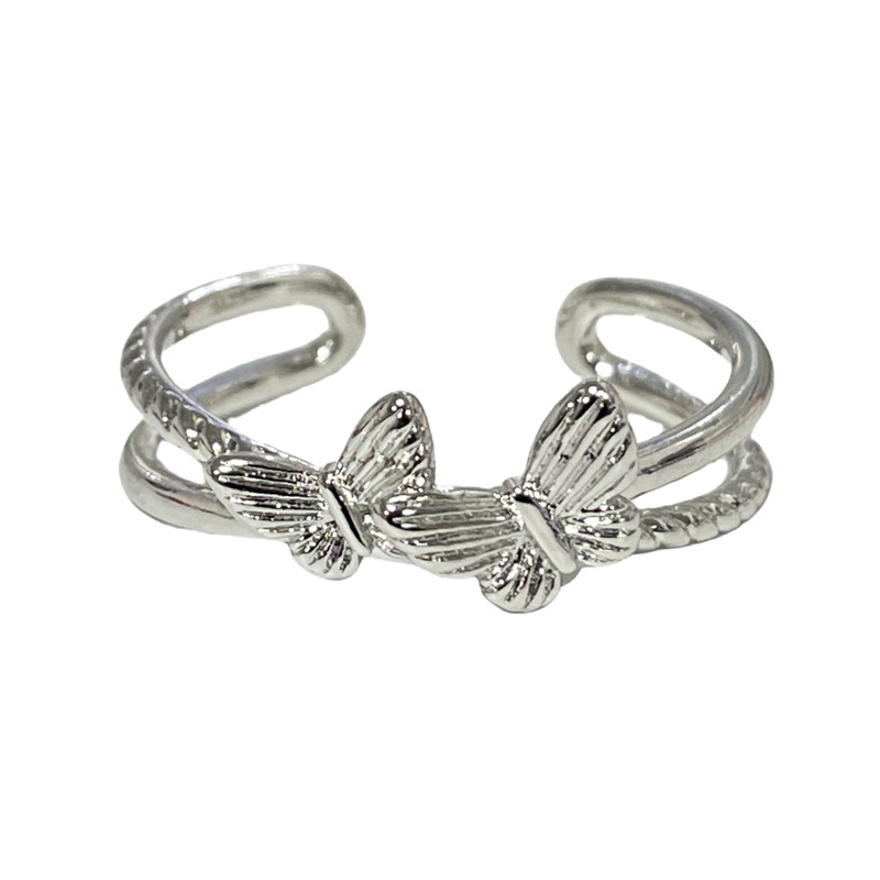 Sweet and cool, niche design sense, flower butterfly, Hong Kong-style fashionable open ring, women's line brushed, versatile and exquisite ring Item Picture
