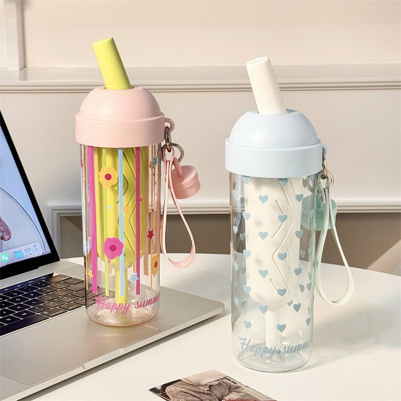 New Yebo plastic straw cup, cute cartoon TRitan water cup, student high appearance level tea and water separation double drinking cup full figure