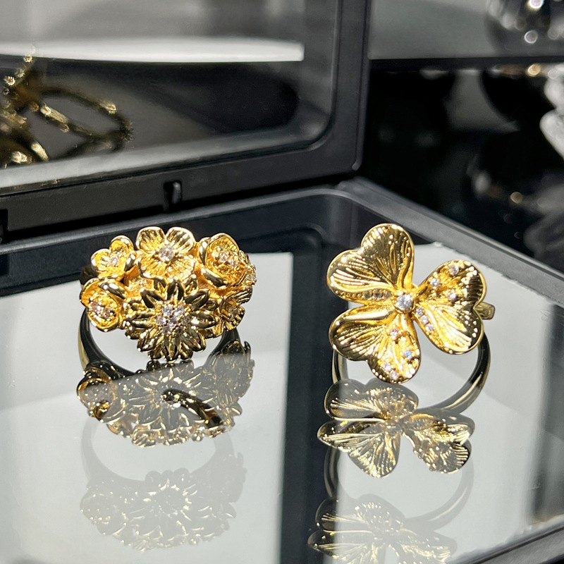 French exquisite floral light luxury high-end flower opening ring, women's Instagram cold style niche design ring Specification drawing