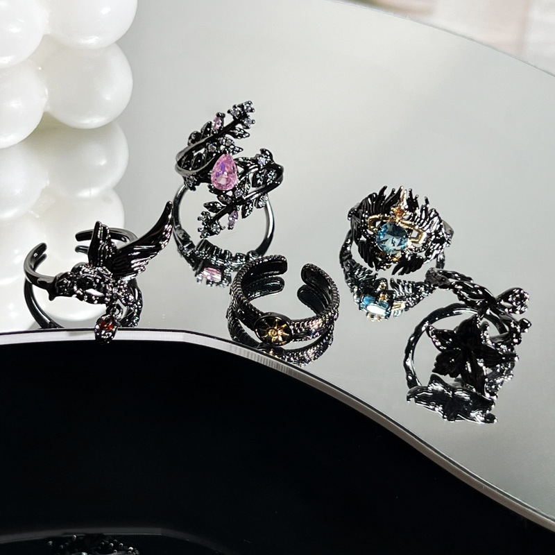 European and American dark thorn flower punk personality ring, gender-neutral style crow trendy cool sunflower two-color index finger ring full figure