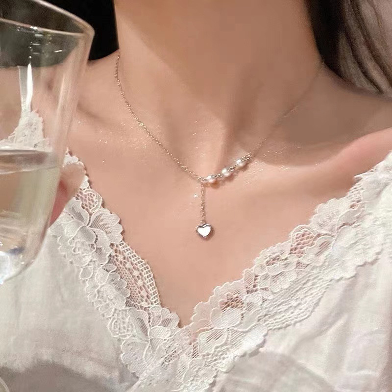 Shell heart pearl spliced necklace for women's summer, light luxury, niche, sweet and cool design collarbone chain, elegant neck chain Specification drawing