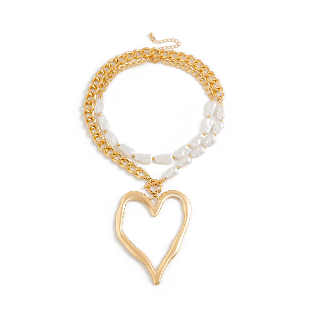 European and American style sweet cool big heart beaded necklace best-selling exaggerated double baroque imitation pearl necklace Item Picture