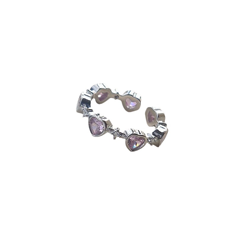 Pink heart-shaped zircon open ring, a sweet and cool style fashionable and individual ring for women, a niche and high-end light luxury index finger ring Item Picture