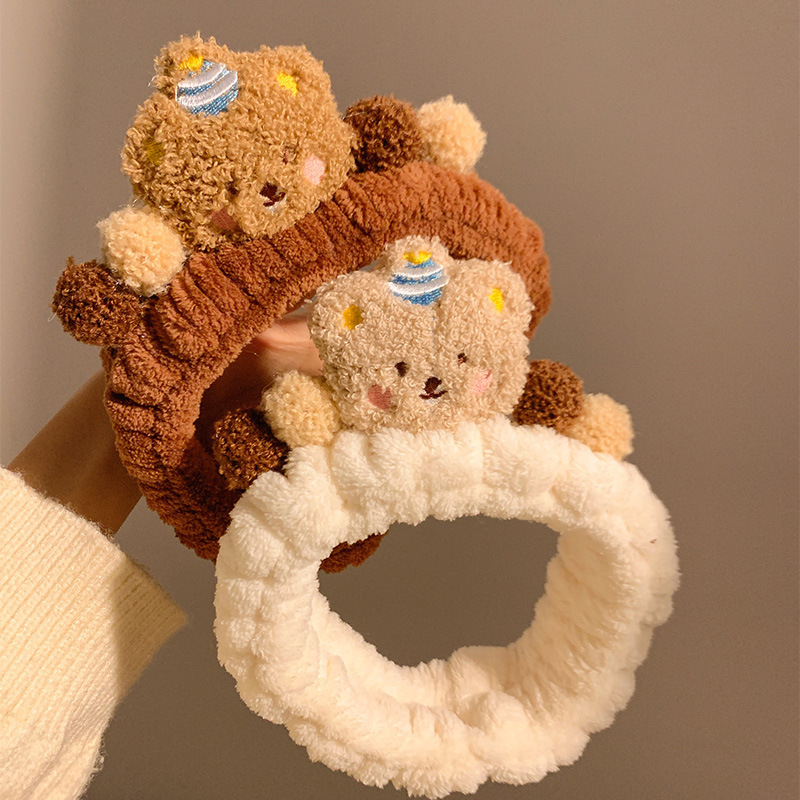 New cartoon coffee-colored cute bear hair band, plush face wash, makeup, mask application, spring and summer hair tie, women's hair band Specification drawing