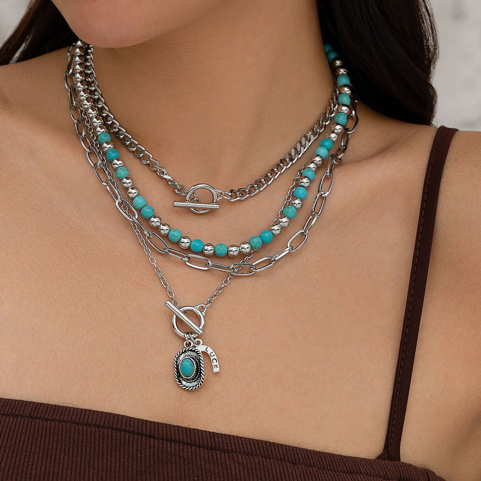European and American cross-border jewelry fashion multi-layer turquoise imitation necklace set, hexagonal star alloy geometric collarbone chain details Picture