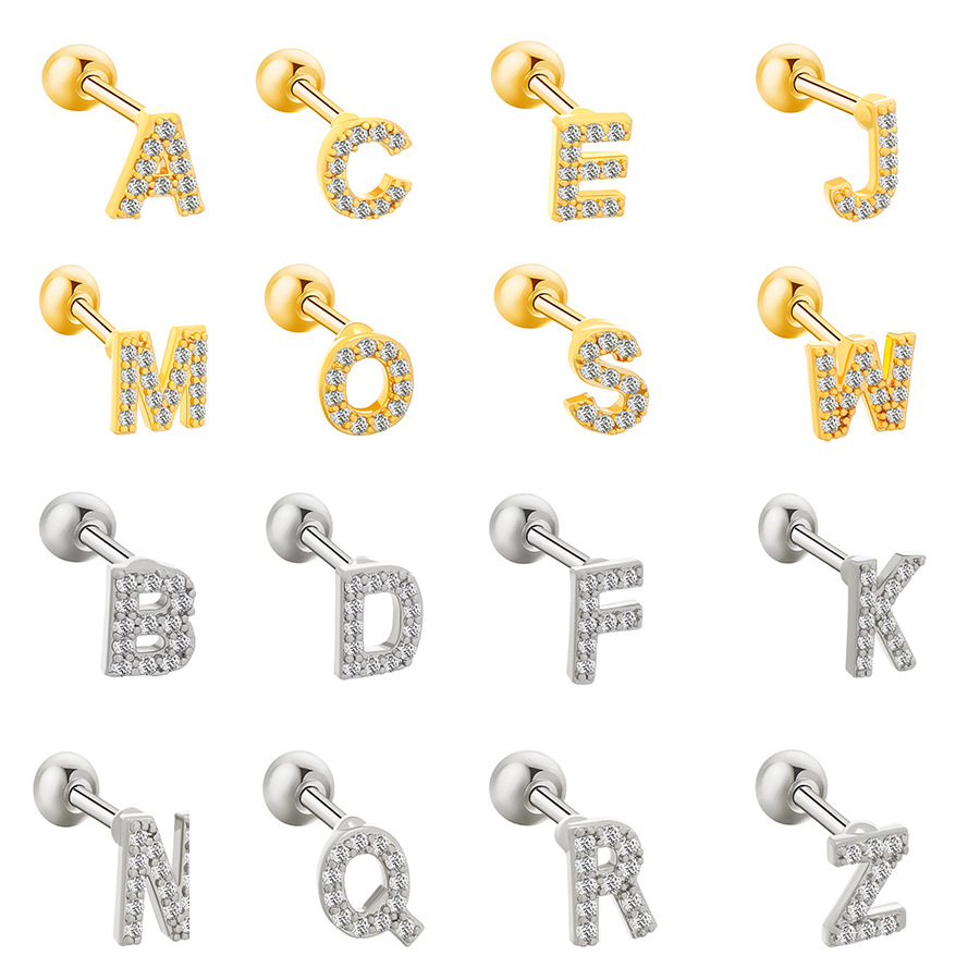 Cross-border European and American zircon 26-letter ear bone stud, retro and personalized alloy letter thread ear stud, ear puncture Item Picture