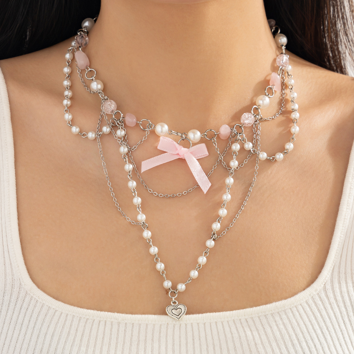 European and American cross-border accessories sweet style acrylic beaded Necklace fresh pearl tassels Necklace set Specification drawing