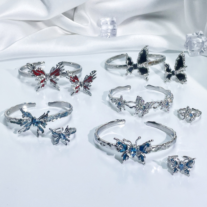 ins niche design sense butterfly drip glaze stylish bracelet ring set, irregular and personalized bracelet accessories full figure