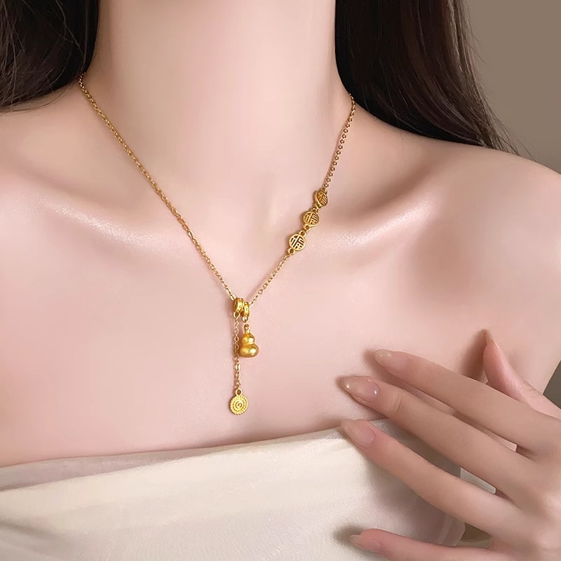 New Chinese-style golden gourd necklace for women, light luxury, niche design sense, traditional Chinese style temperament, Fu brand tassel collarbone chain Specification drawing