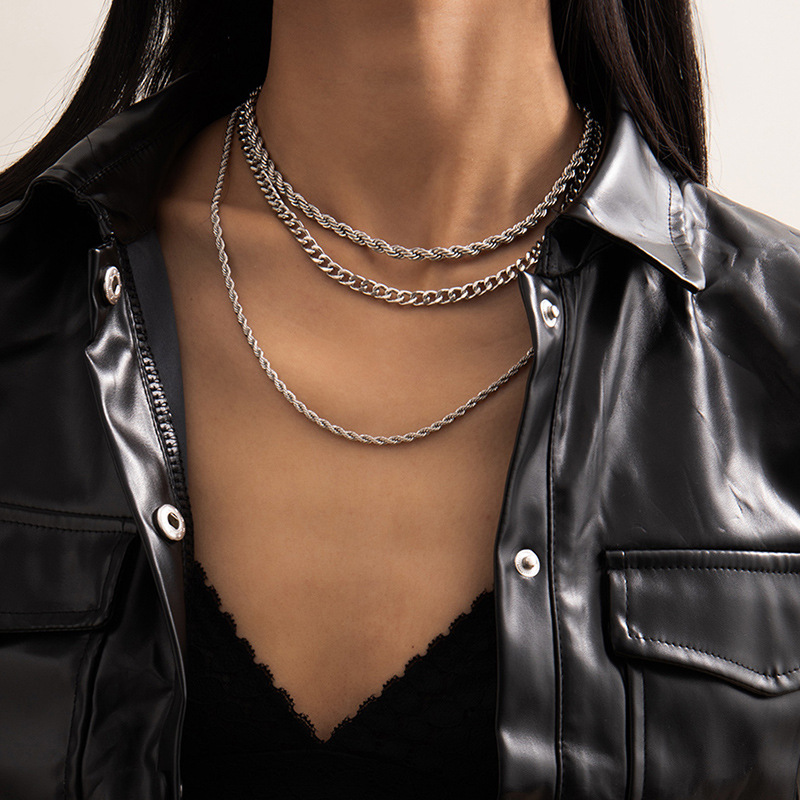 European and American cross-border accessories hip-hop punk simple three-layer chain necklace, elegant and personalized set necklace for women Specification drawing