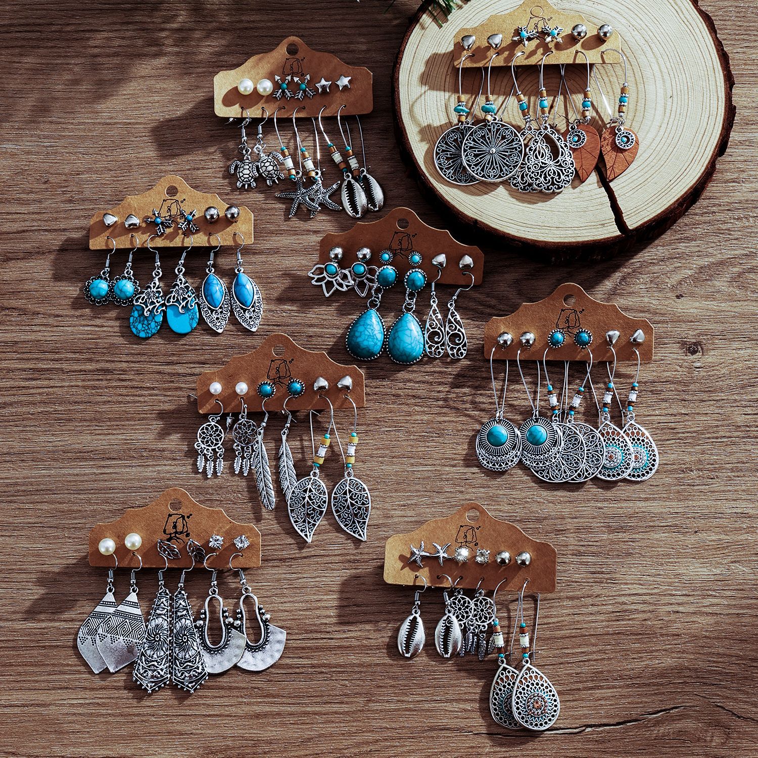 European and American earring set, cross-border Amazon vintage earrings, long tassel leaf ethnic style alloy women's earrings full figure