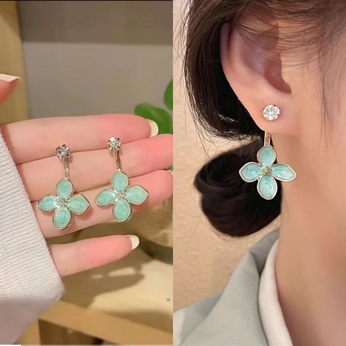 "Cheer up, Fairy! A pair of green four-petal flower stud earrings for women, featuring a simple and stylish Japanese and Korean style. full figure