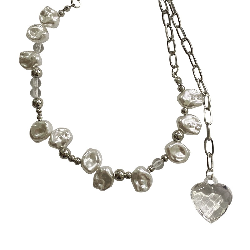 ins irregular-shaped pearl transparent heart collarbone chain, fairy personality heart-shaped niche design necklace, fashionable and trendy neck chain Item Picture