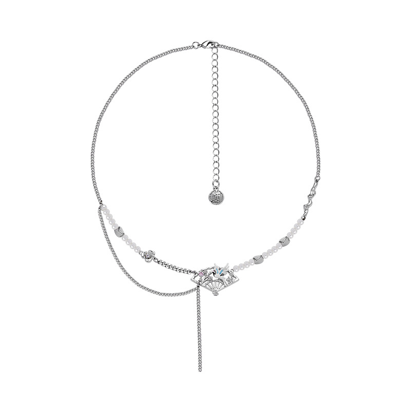 Ancient-style crane fan tassel necklace for women, simple new Chinese-style light luxury sweater chain, fashionable and elegant high-end necklace Item Picture