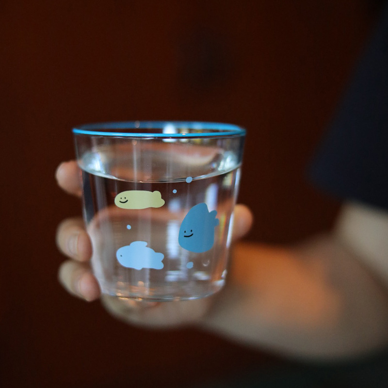 ins cartoon abstract little fish glass cup, cute blue, blue little fish heat-resistant, juice milk cup, couple water Item Picture
