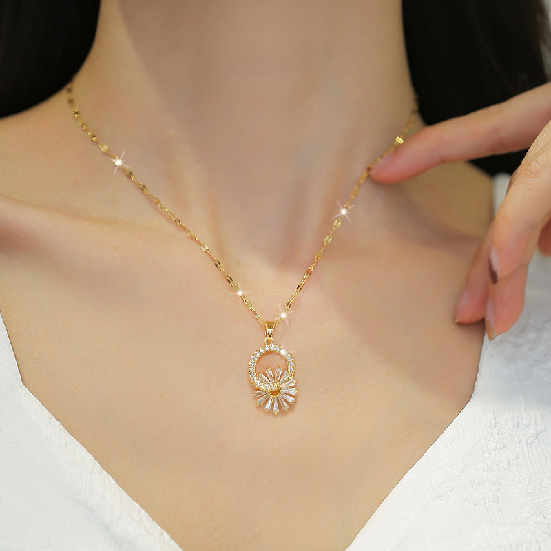 【 Titanium Steel 】 Flower Micro-inlaid Necklace and earrings set, light luxury micro-inlaid personalized and elegant banquet earrings and Necklaces combination details Picture