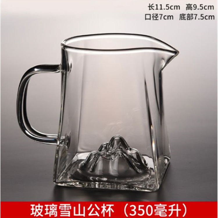 Manufacturer's in-stock glass tea sea solid wood handle high borosilicate glass mountain view fair cup, Square Snow Mountain tea sea glass cup details Picture