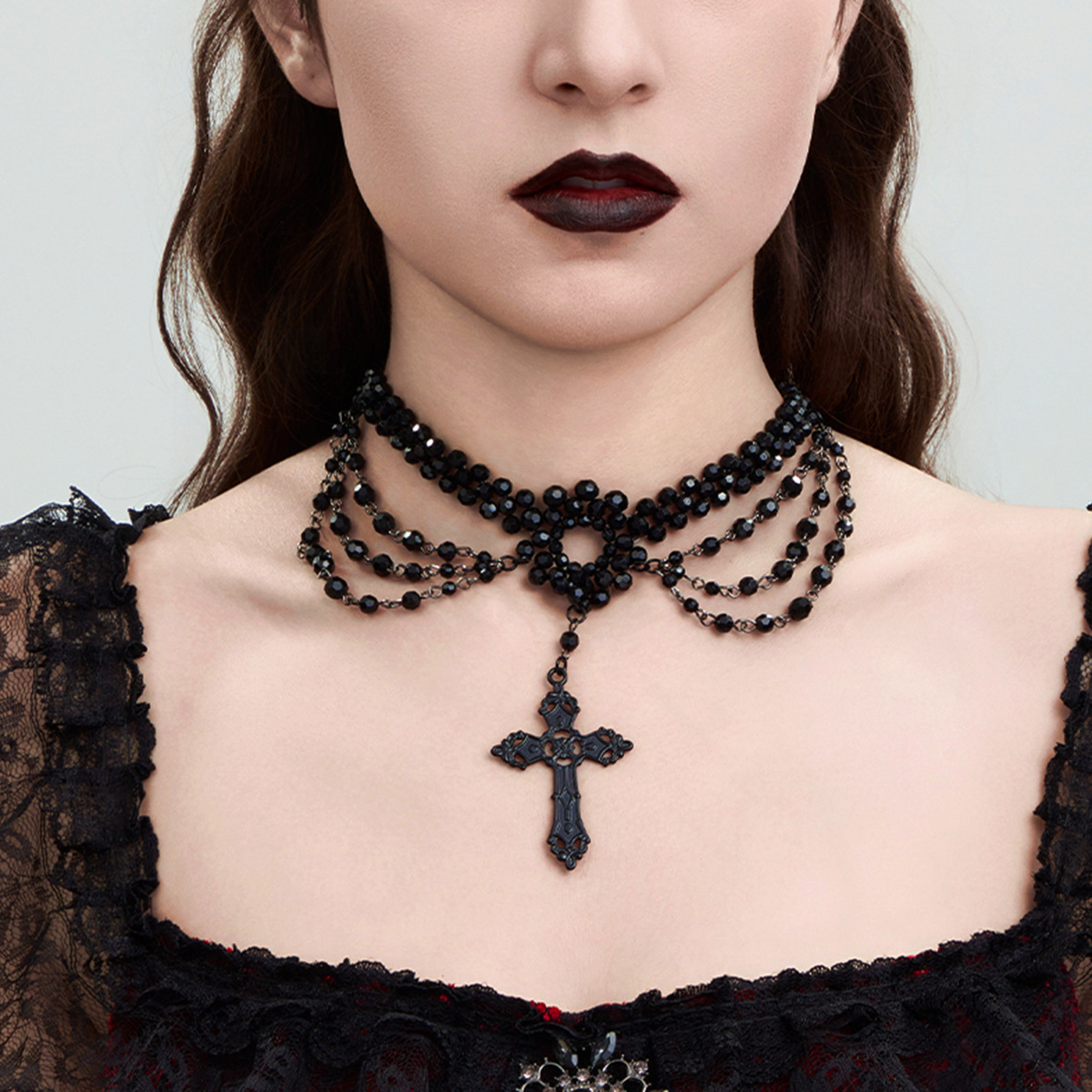 European and American cross-border jewelry, court-style black lace collarbone chain, retro cross crystal beaded tassel necklace Specification drawing