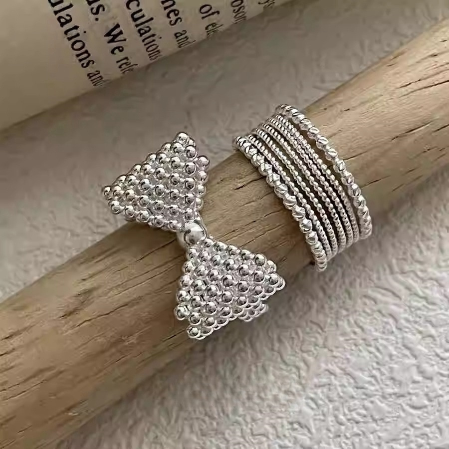 Korean bubble three-dimensional bow ring for women, S925 silver, light luxury, niche and high-end, fashionable open index finger ring Item Picture