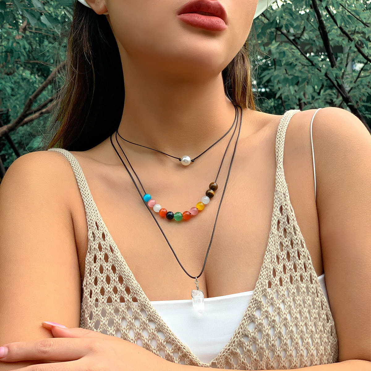 European and American cross-border jewelry, ethnic style colorful beaded long sweater chain, niche imitation crystal stacked star and moon necklace details Picture