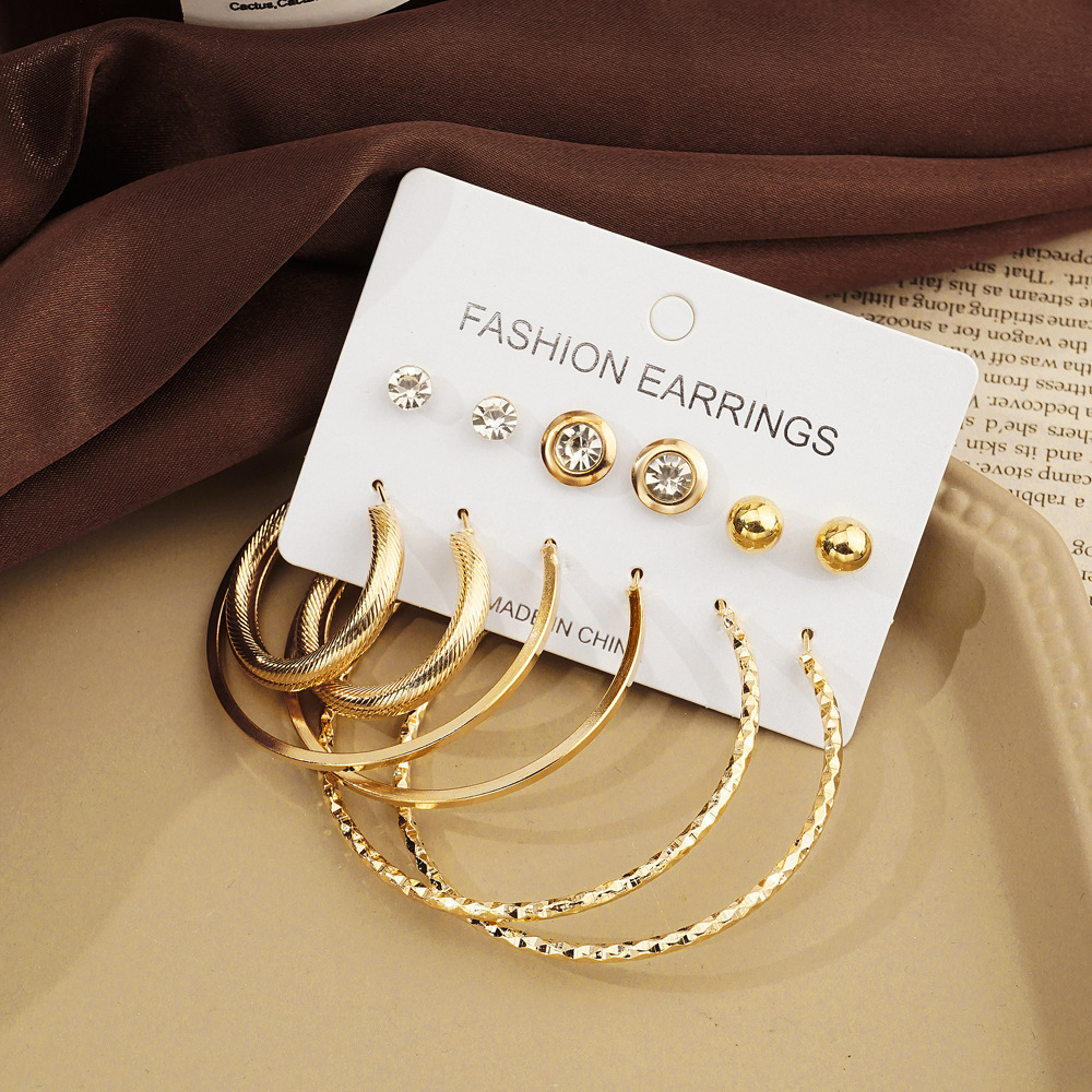 Wholesale of 6 pairs of C-shaped large ear ring and stud sets of personalized earrings with exaggerated European and American accessories for cross-border fashion and versatility Specification drawing